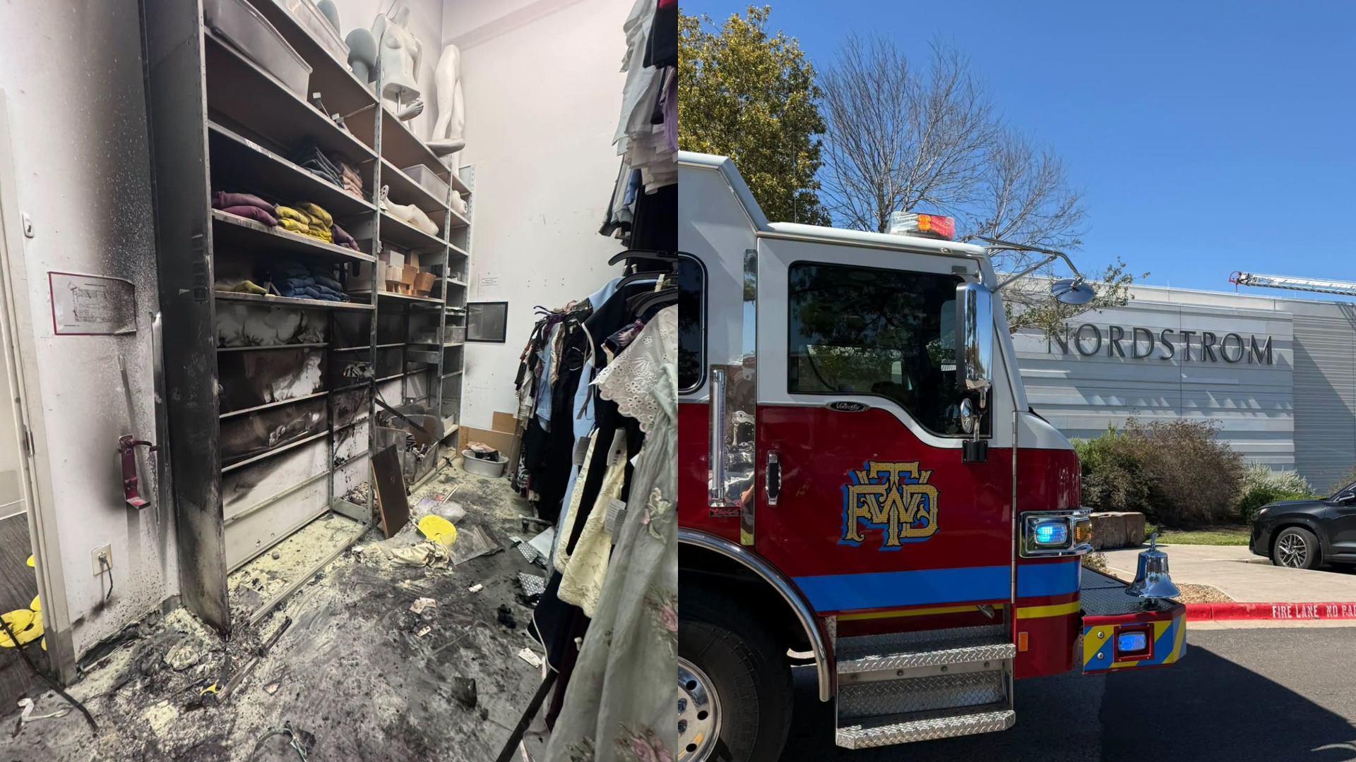 Side-by-side images show fire-damaged shelving and debris inside Nordstrom at The Woodlands Mall and a fire engine parked outside the store.