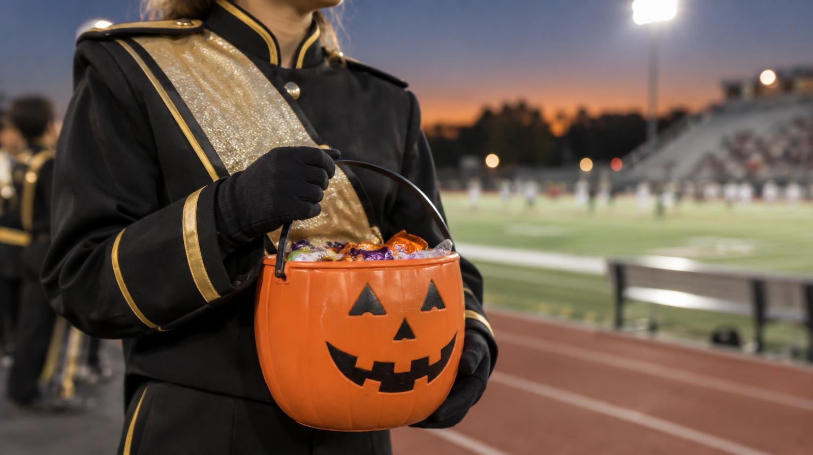 Marching band member in uniform holding a Halloween candy bucket on a football field.