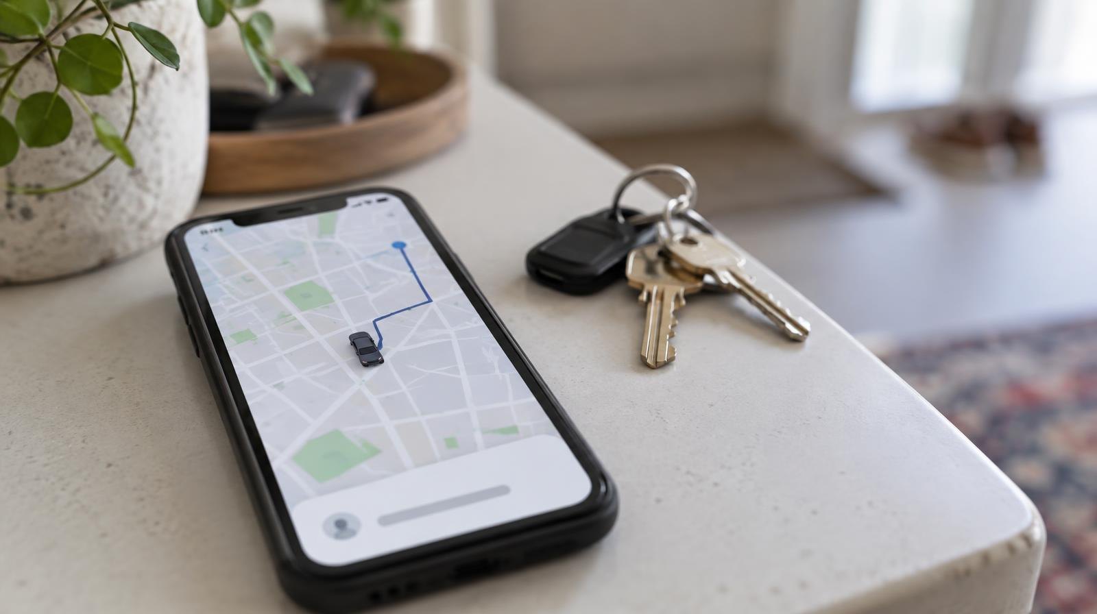 Smartphone with a ride-hailing map app resting beside house keys.