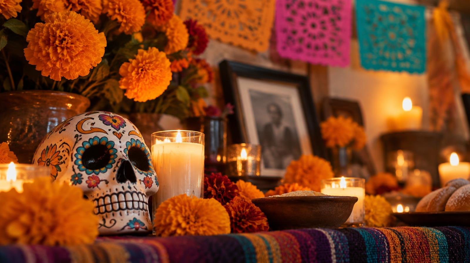 A colorful altar with orange marigold flowers, candles, and decorative paper banners.