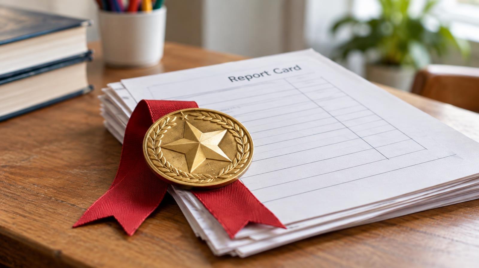 Gold star award ribbon resting on a stack of papers on a wooden desk.