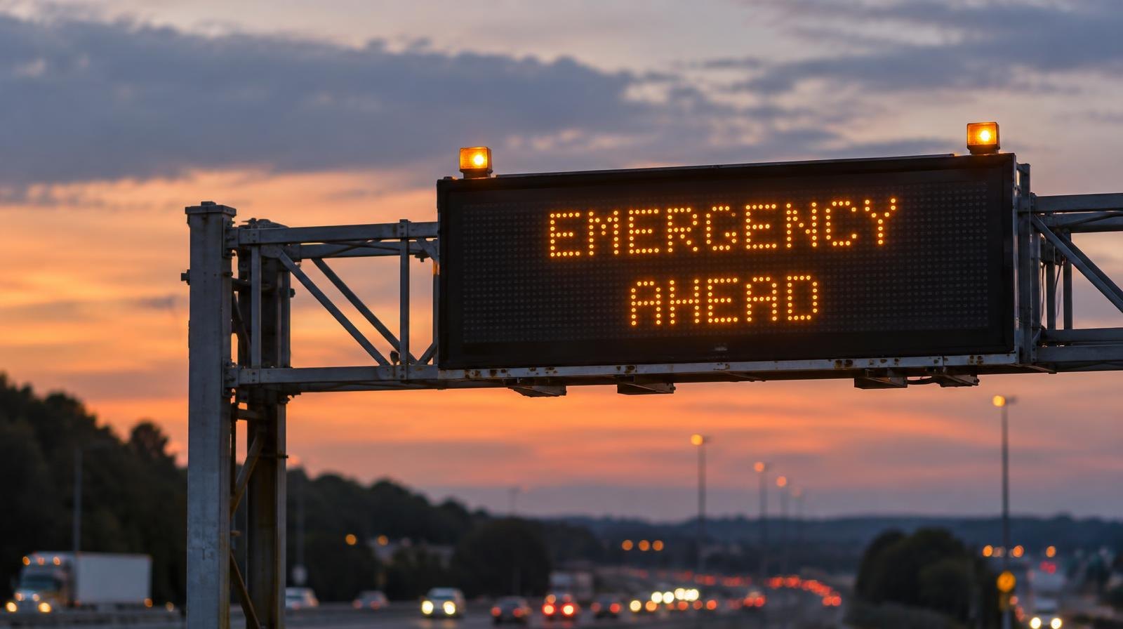 Emergency alert highway sign with flashing lights mounted on a roadside gantry at dusk.
