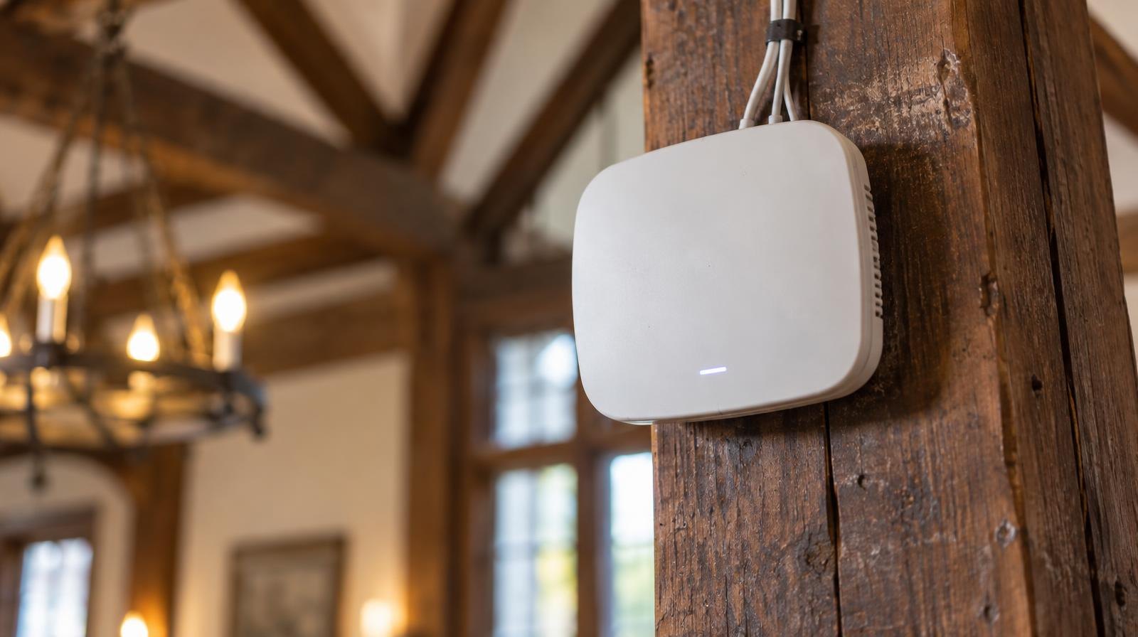 A wireless router mounted on a wooden beam in a warmly lit interior.