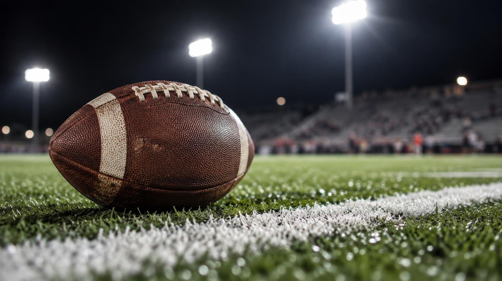 An American football on green artificial turf beside a white yard line under stadium lights.