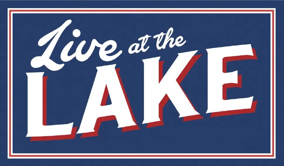 Navy blue graphic with 'Live at the Lake' in white and red lettering.