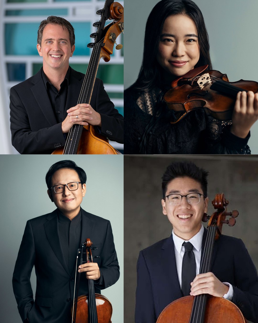 Four smiling musicians in formal attire each holding a string instrument.