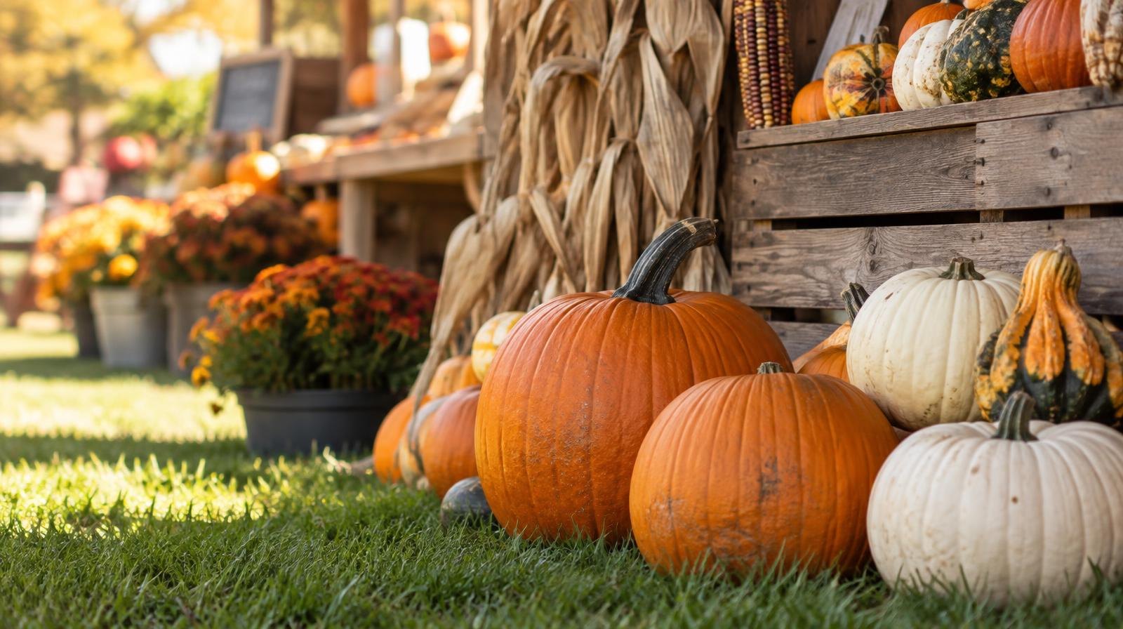 Orange and white pumpkins on grass beside a wooden farmers market stall with gourds.