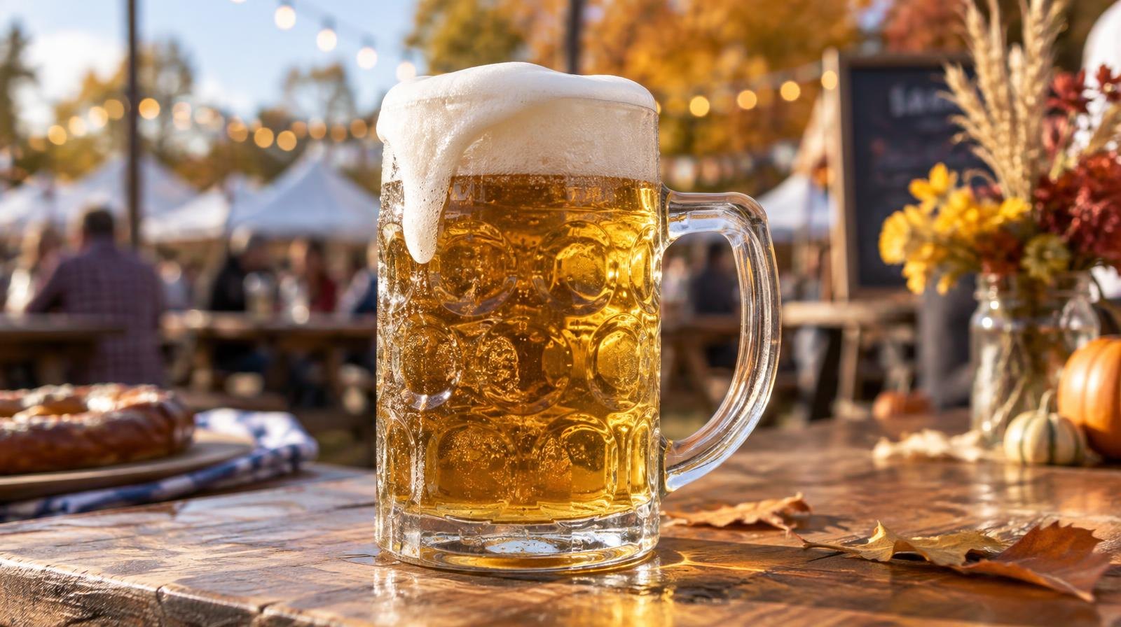 A large ceramic beer stein filled with golden lager and foam on a wooden table.