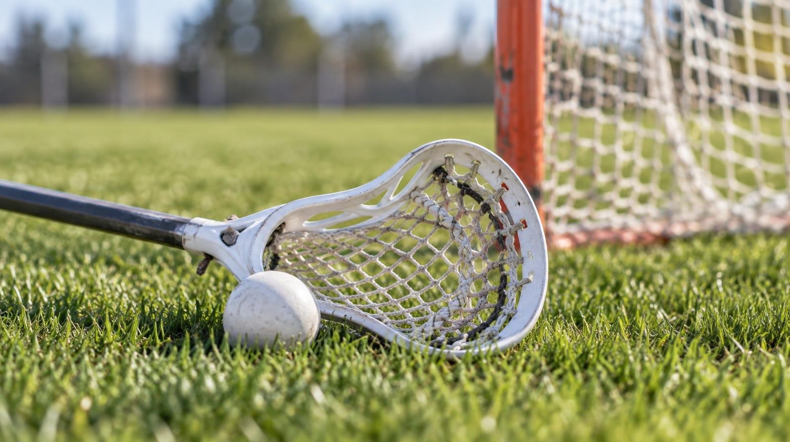 A lacrosse stick and ball on green grass beside a white goal net.