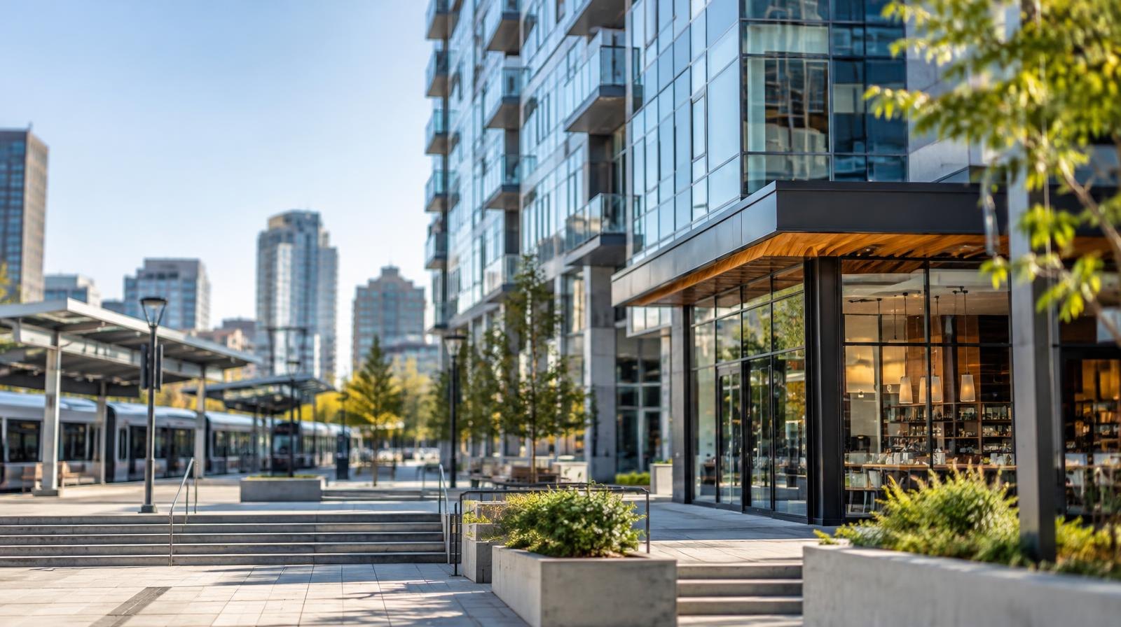Glass-facade tower rising above a transit plaza with street-level retail storefronts.