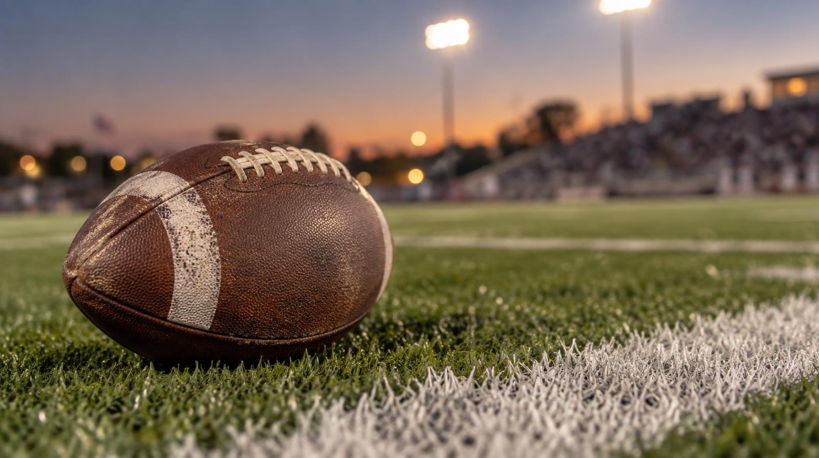 An American football resting on green grass beside a white painted yard line.