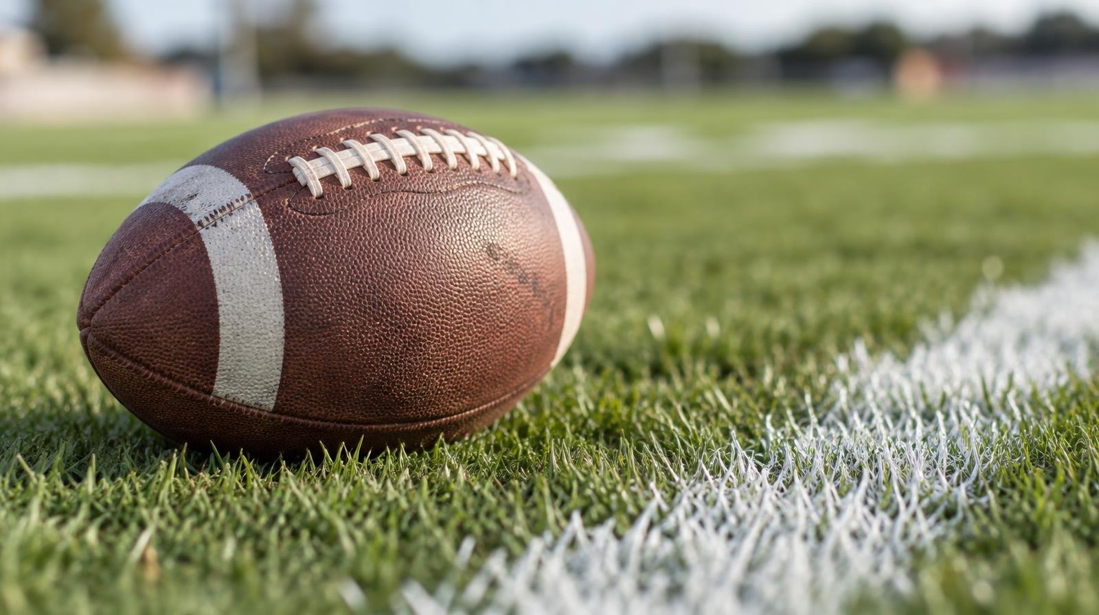 An American football resting on green grass beside a white painted yard line.