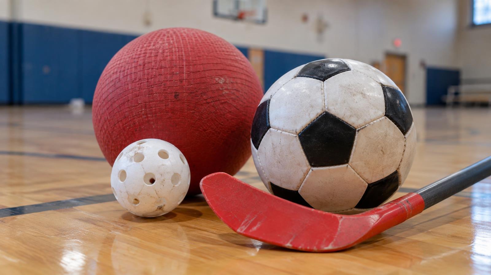 Colorful sports balls and a floor hockey stick arranged on a gymnasium floor.