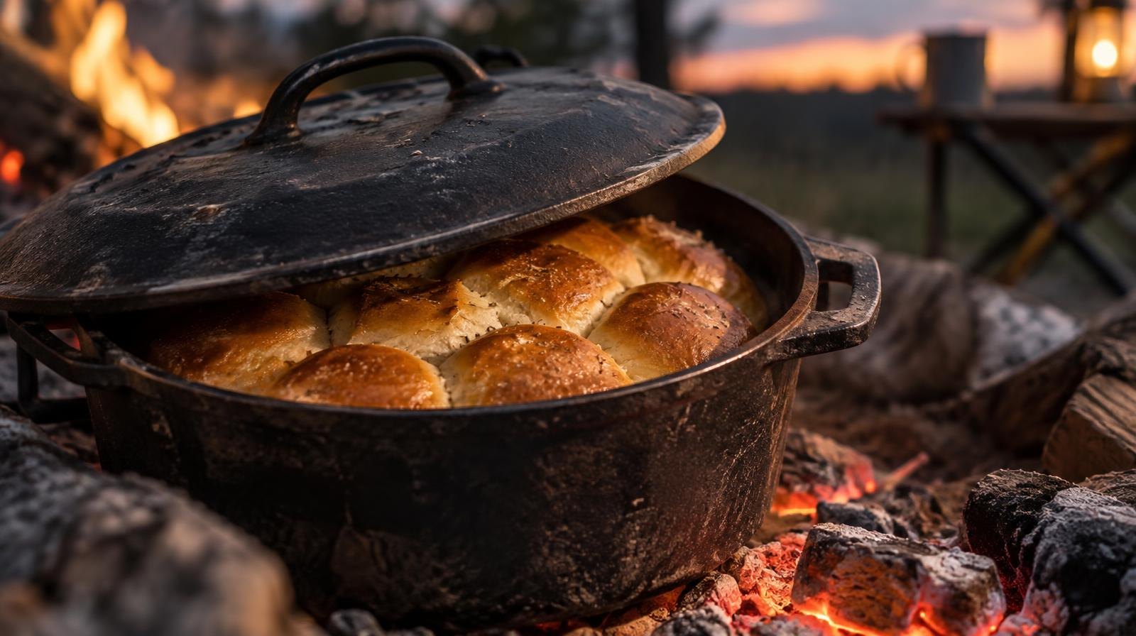 Cast-iron Dutch oven on glowing coals with golden rolls inside.