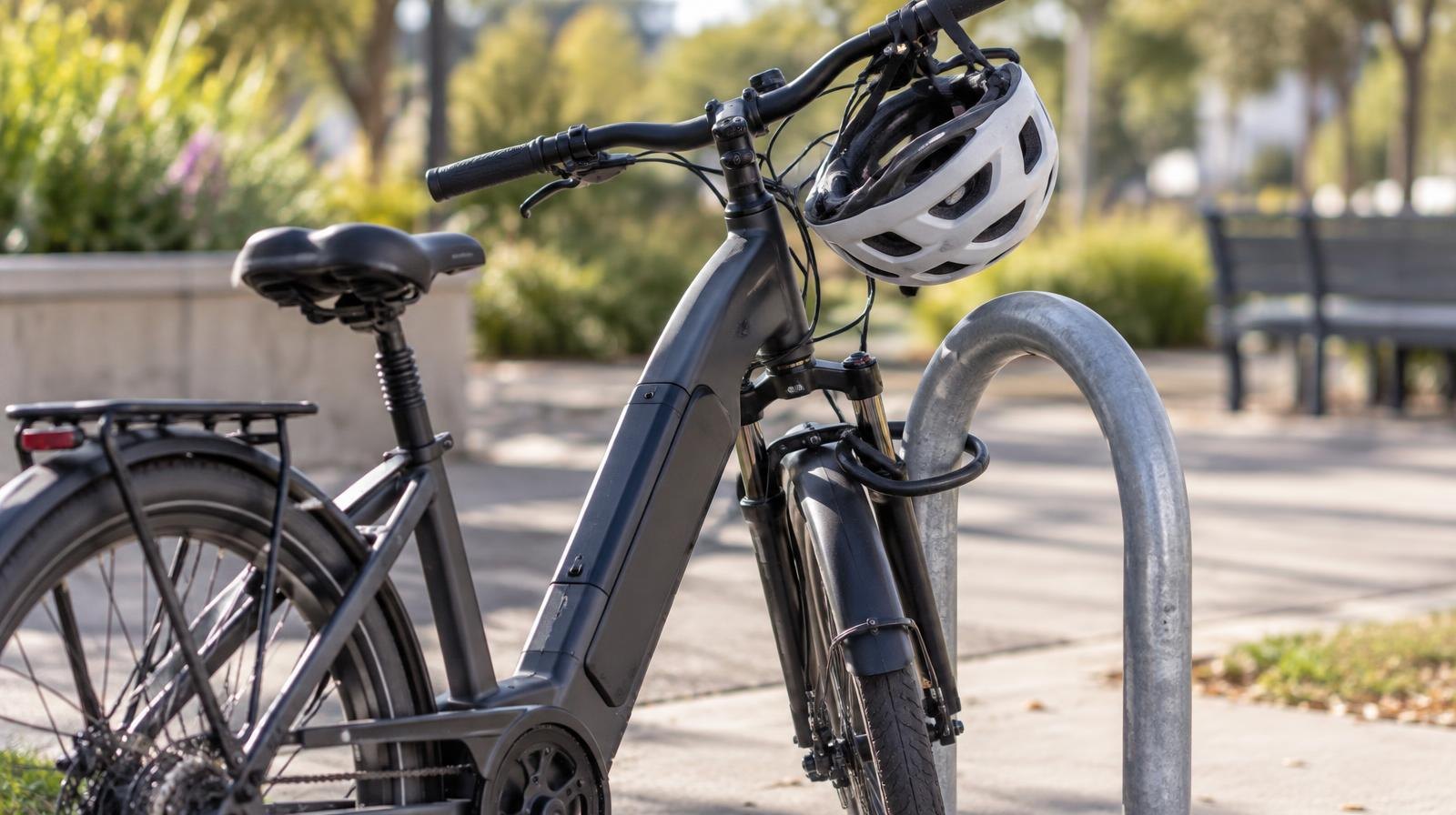 Electric bicycle locked to a metal rack with a helmet on the handlebars.