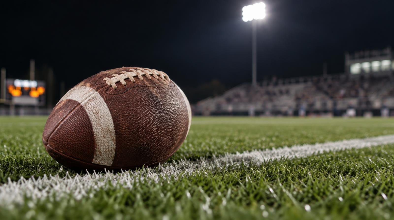 An American football on green grass near a white yard line under stadium lights at night.
