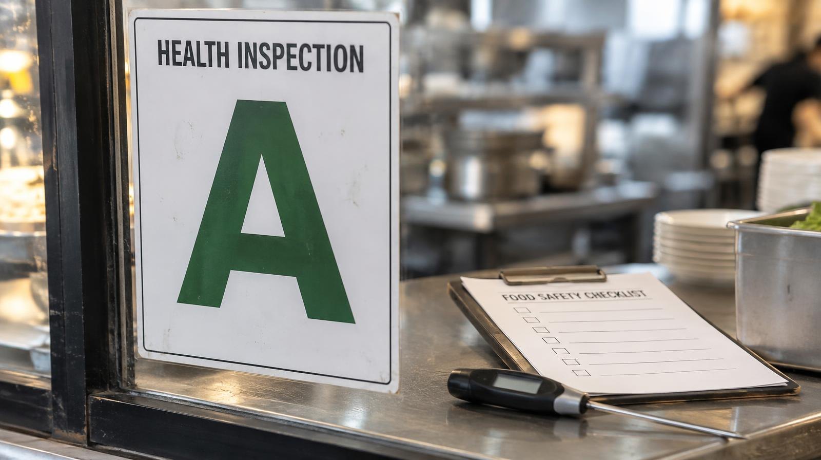 A clipboard with a food safety checklist and a thermometer on a kitchen counter.