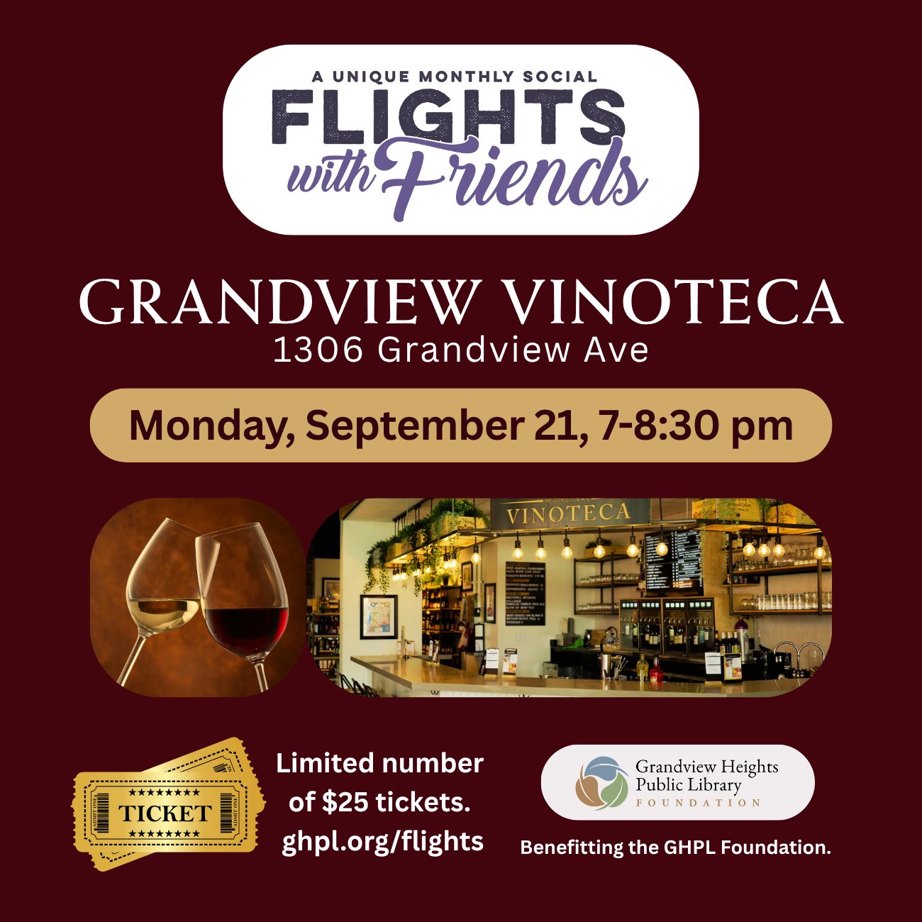 Event flyer for a wine tasting fundraiser featuring wine glasses and a bar interior.