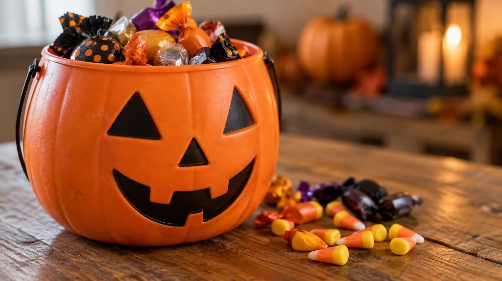 Orange plastic jack-o'-lantern bucket filled with colorful wrapped candy beside candy corn.