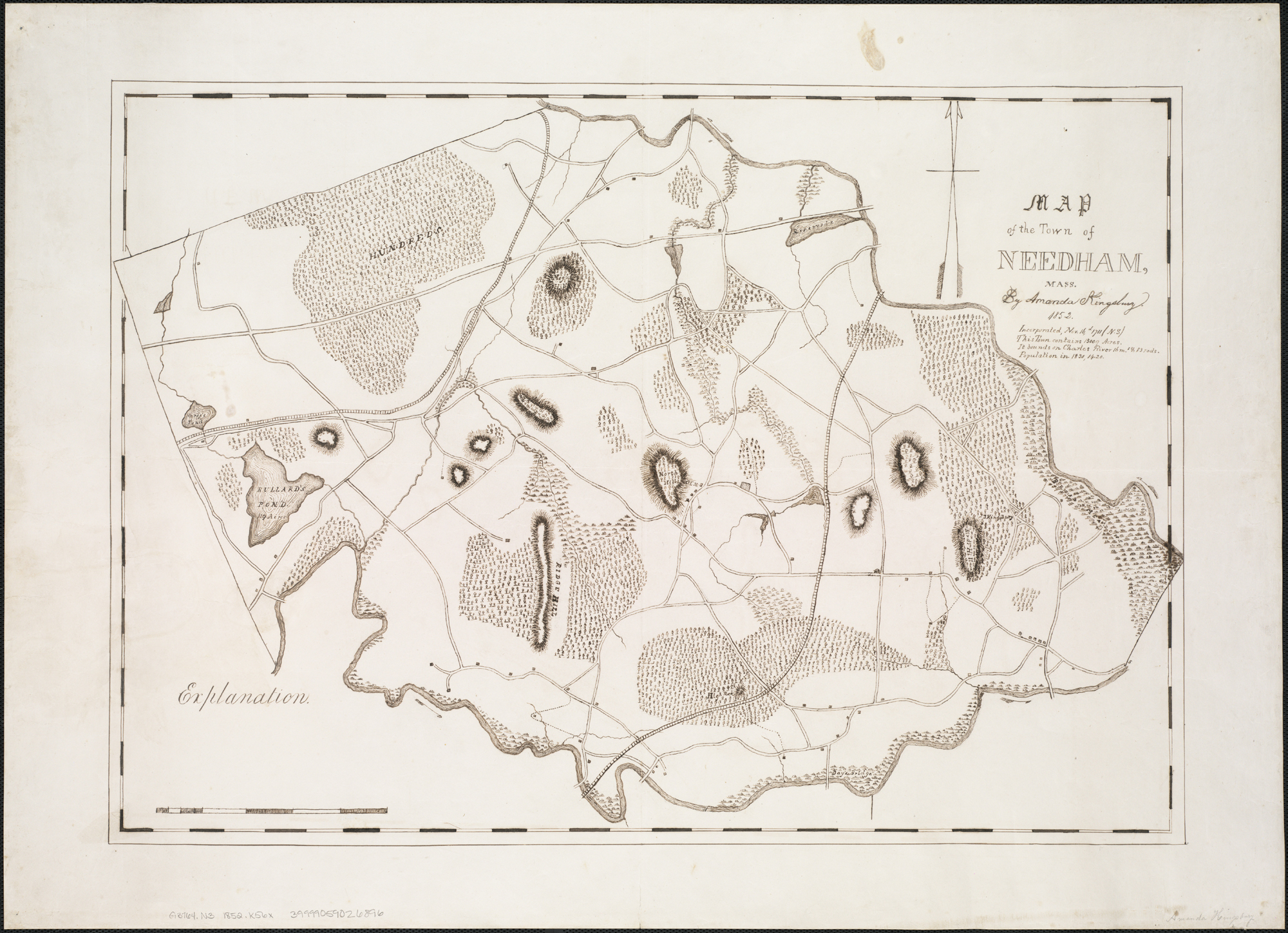 Hand-drawn historical map of Needham, Massachusetts, dated 1852.