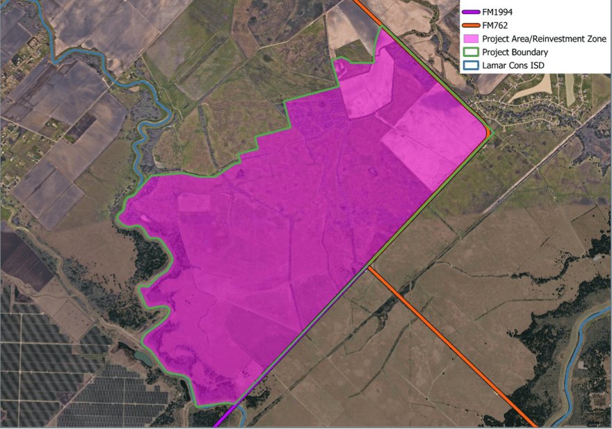 Aerial map with magenta-shaded reinvestment zone at FM 1994 and FM 762.