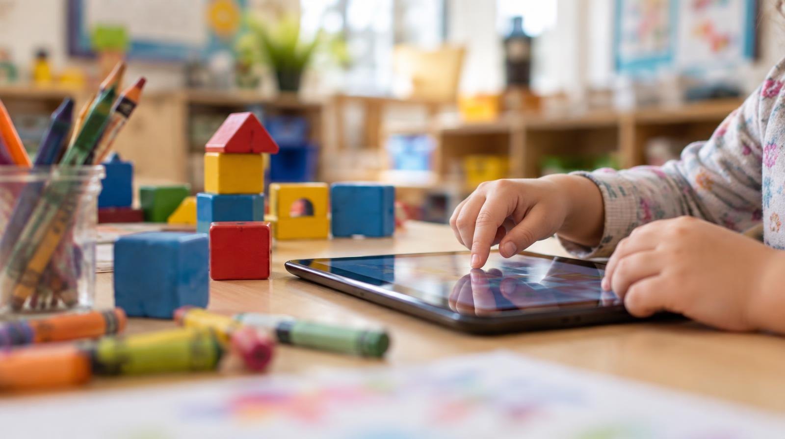 Small hands touching a tablet screen on a low table surrounded by colorful blocks and crayons.