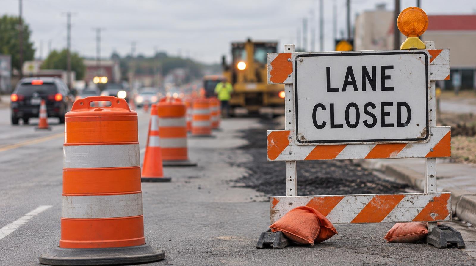 Orange construction barrels and traffic cones lining a closed lane on a road.