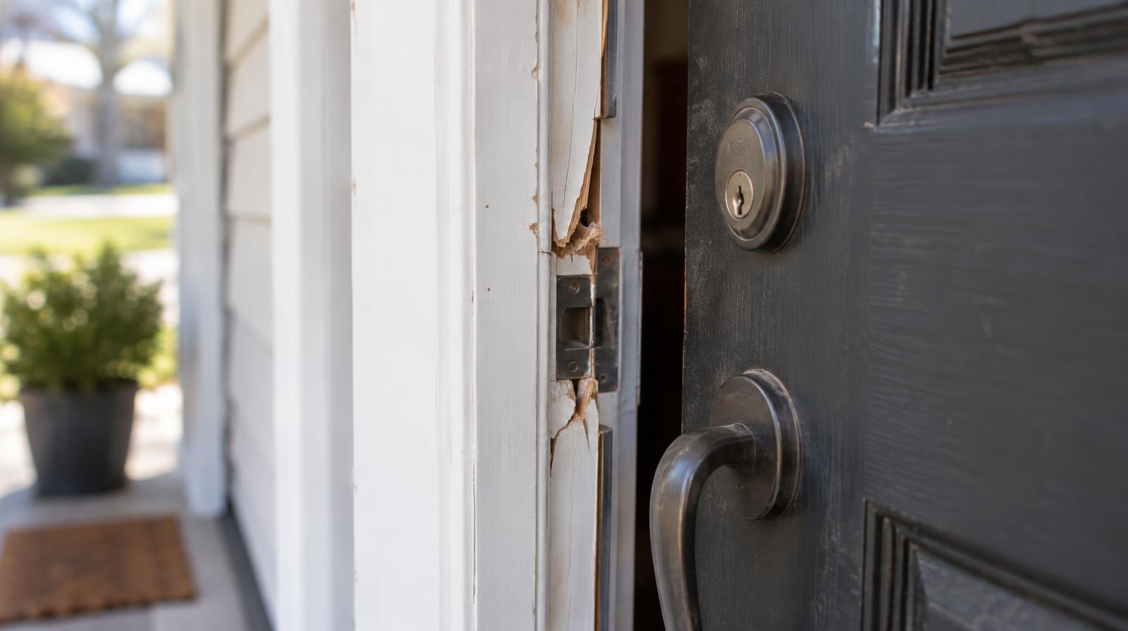 A residential front door with a cracked frame near the latch.