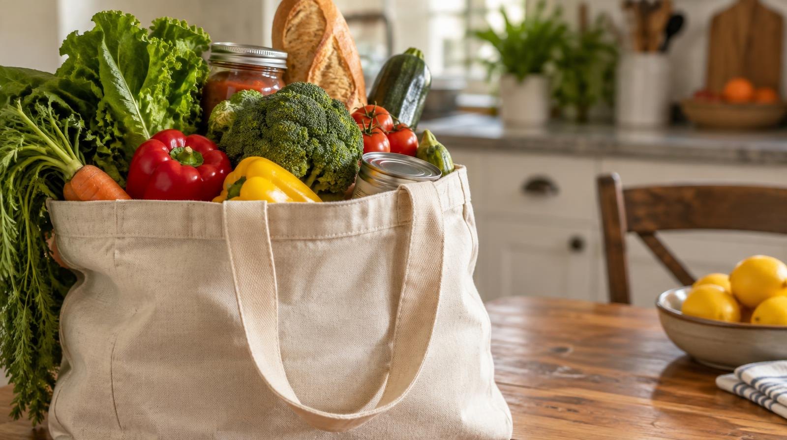 Canvas grocery bag filled with fresh vegetables and canned goods on a wooden table.