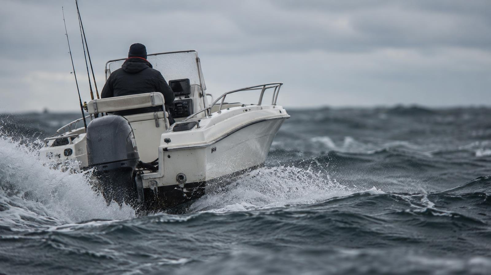 Small motorboat on rough, choppy ocean waves under a grey sky.