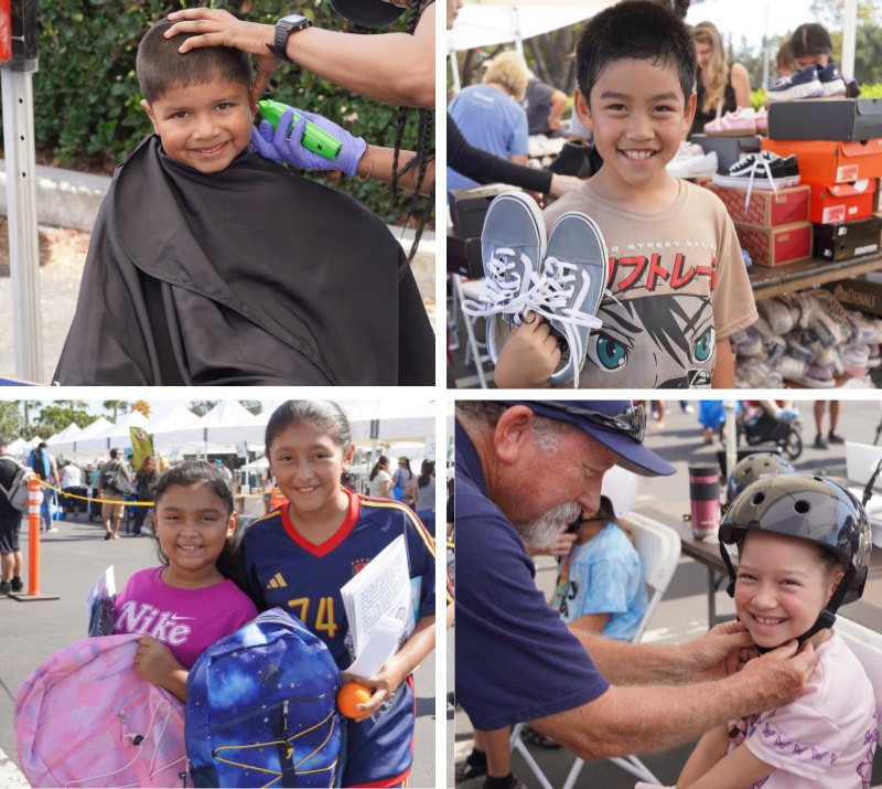 Four-panel collage showing children receiving haircuts, shoes, backpacks, and a bike helmet at an outdoor event.