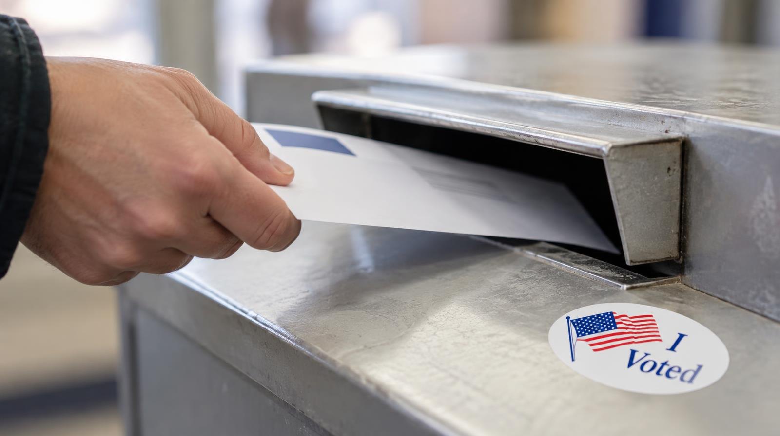 A ballot being slipped into a drop box slot beside an I Voted sticker.