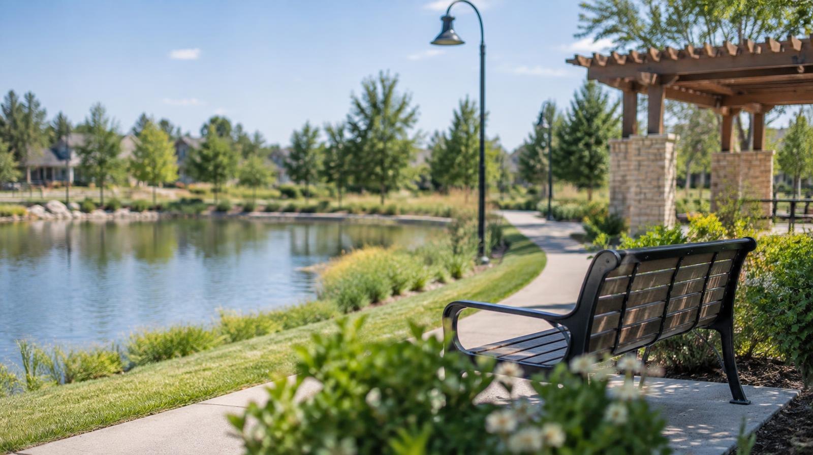 A calm pond bordered by a paved walking path, pergola structure, and lamp posts.