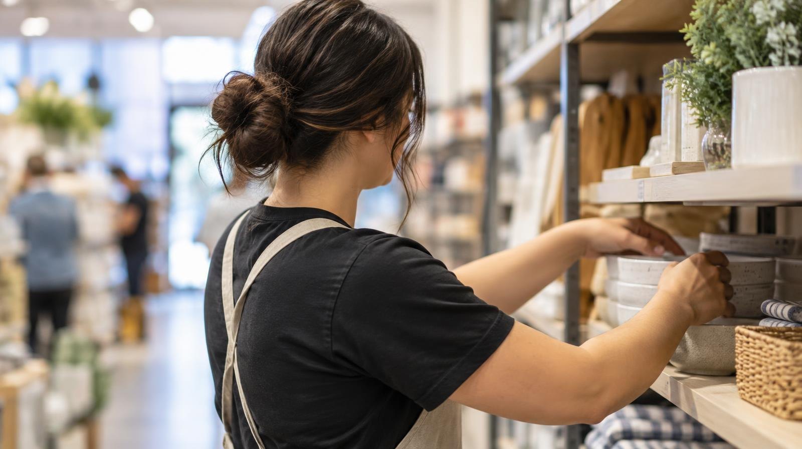 Young adult in a work apron arranging items on a store shelf.