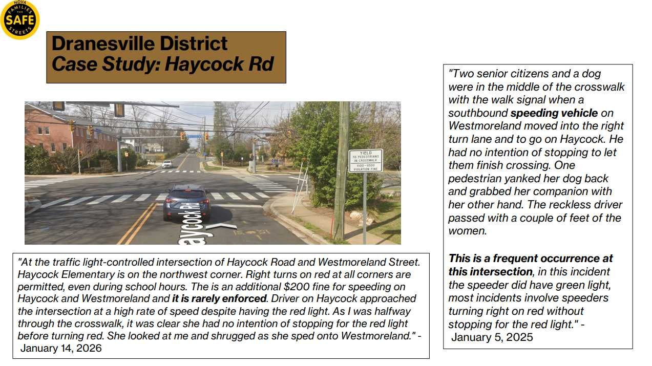 Report slide showing a street-level intersection photo and quoted near-miss incident reports for Haycock Road.