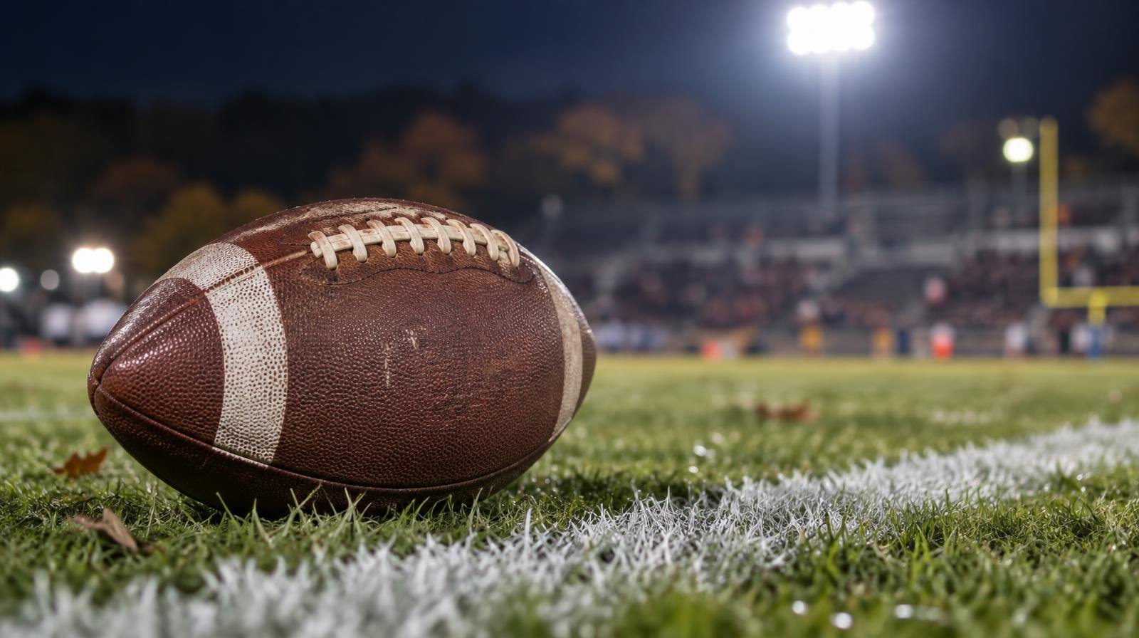 An American football resting on green grass near a white painted yard line under stadium lights.
