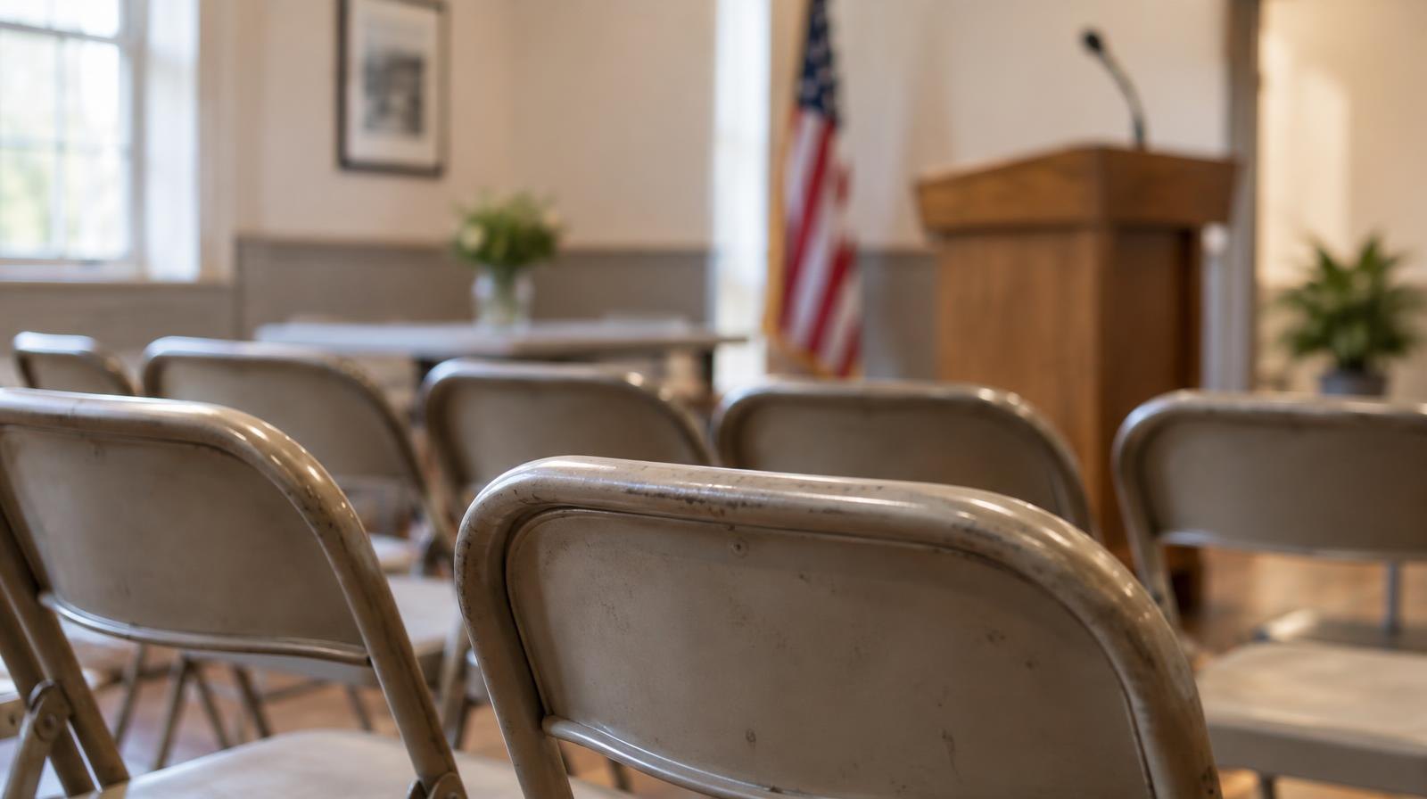 Rows of empty folding chairs face a podium in a meeting room.