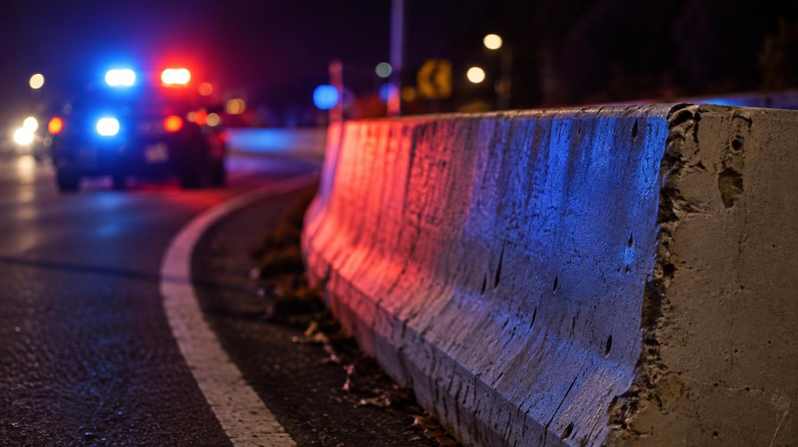 Concrete highway barricade at a road curve lit by red and blue emergency lights at night.