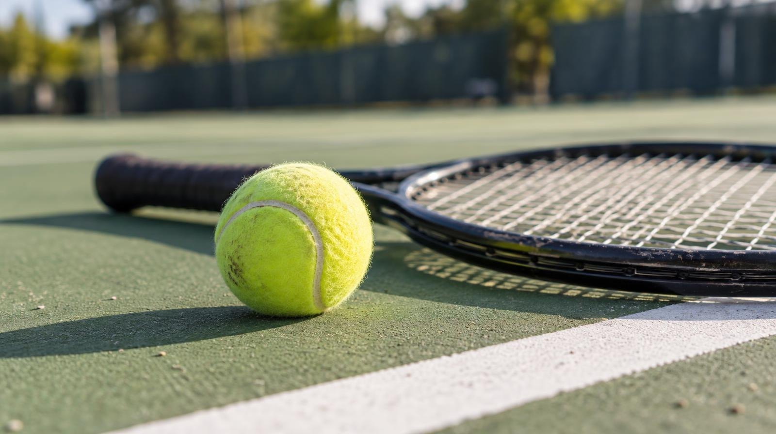 A yellow tennis ball and racket resting on a green hard court beside a white baseline.