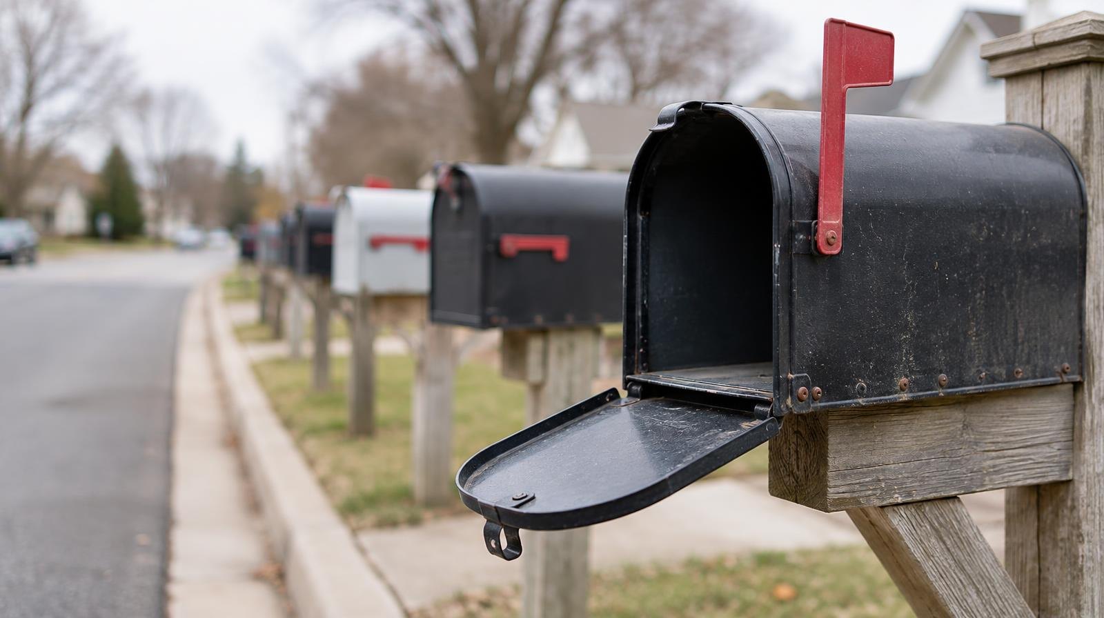 A row of suburban curbside mailboxes with one door hanging open and empty.