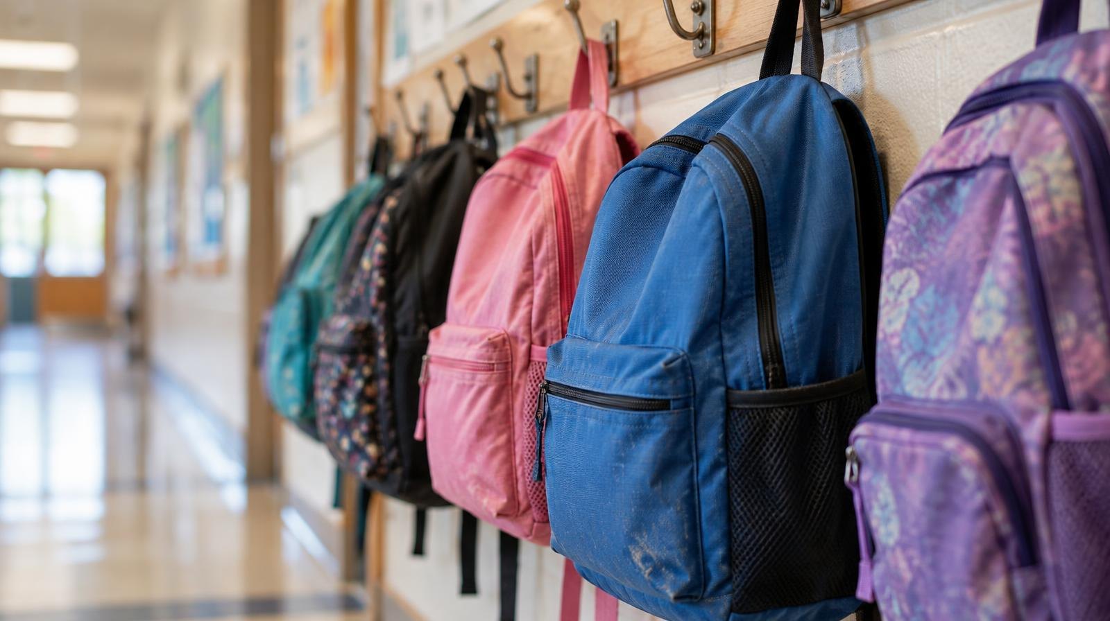 Rows of colorful student backpacks hanging on hooks along a school corridor wall.