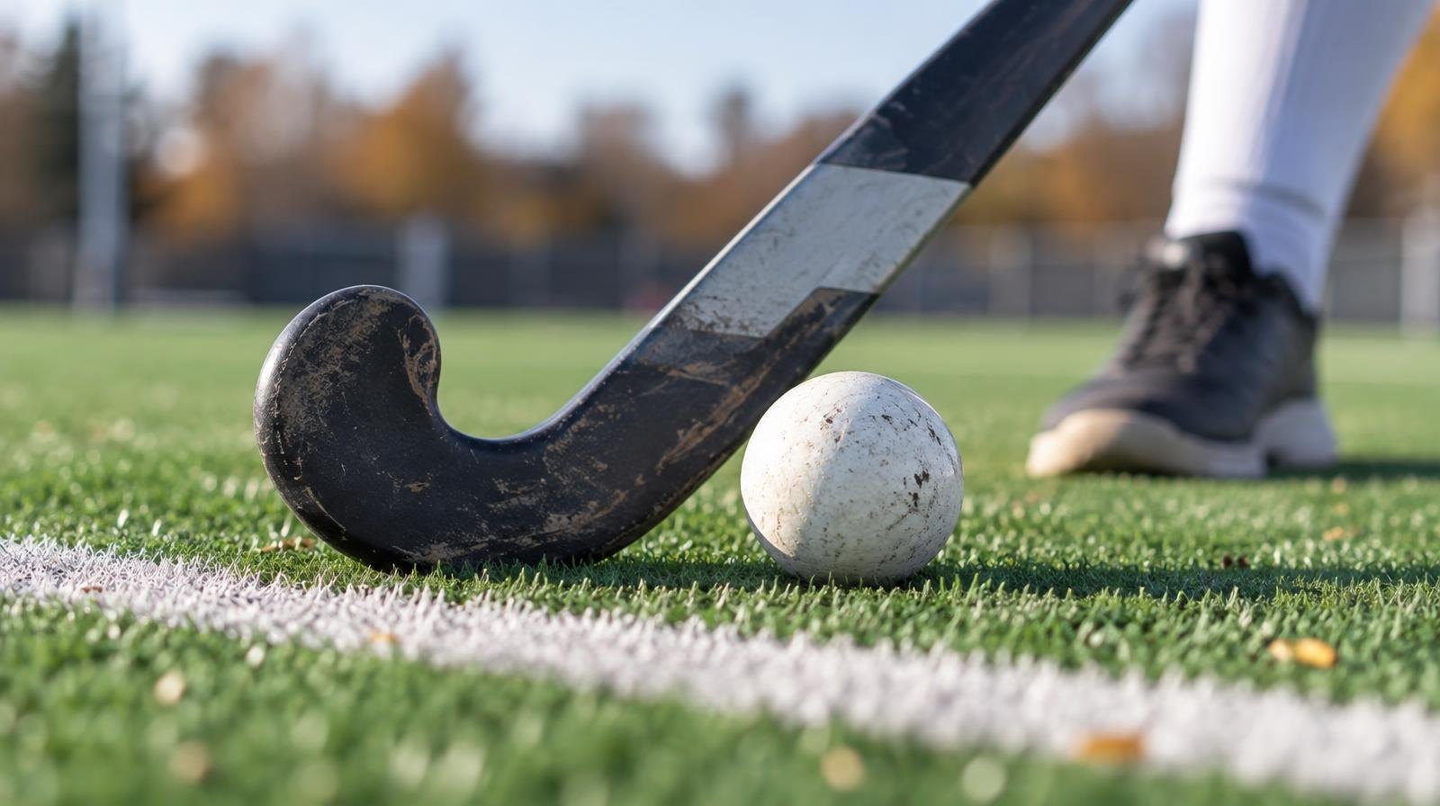 A field hockey stick and ball resting on green artificial turf near a white line.