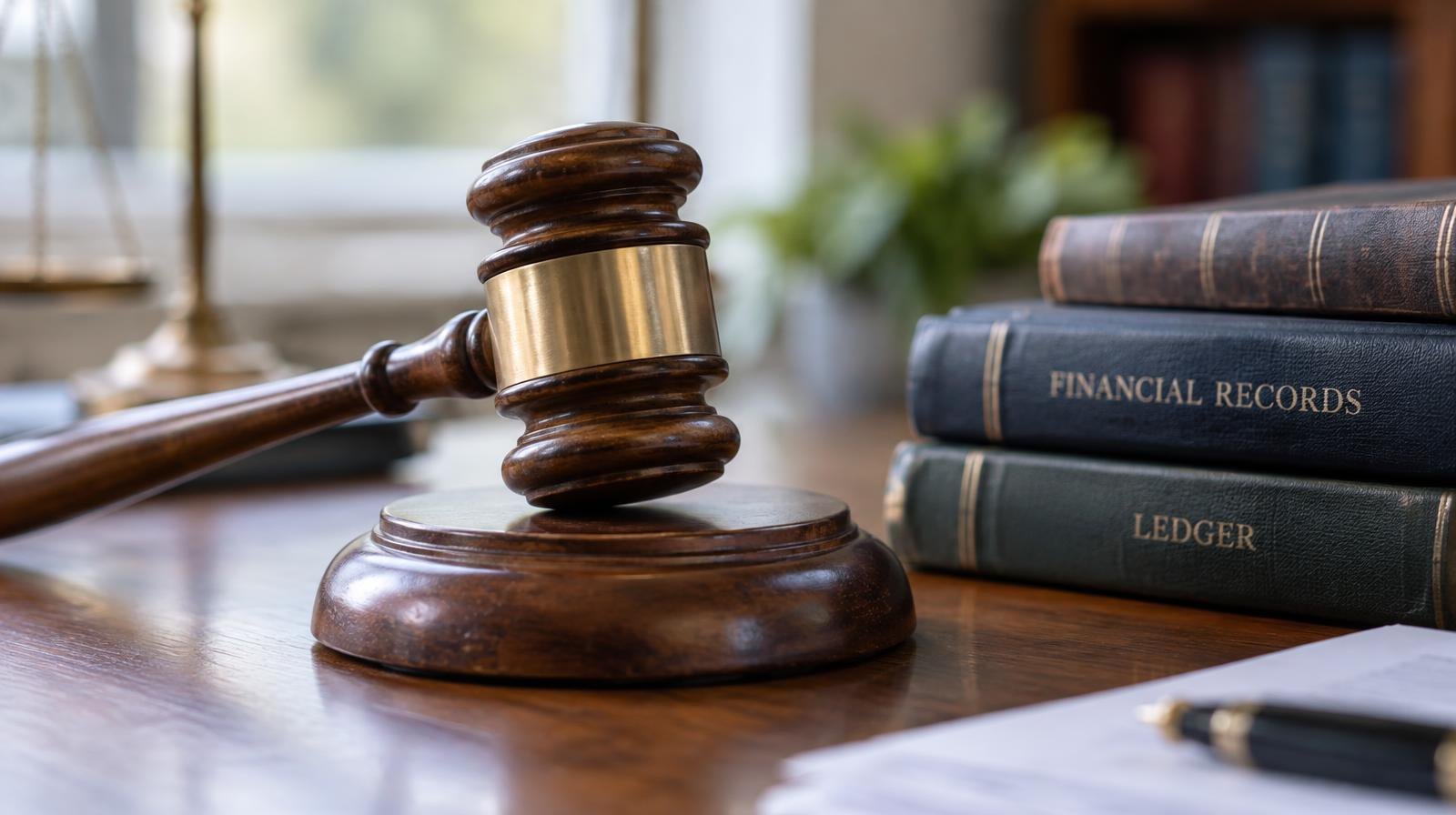 Wooden gavel on sound block beside stacked ledger books on a table.