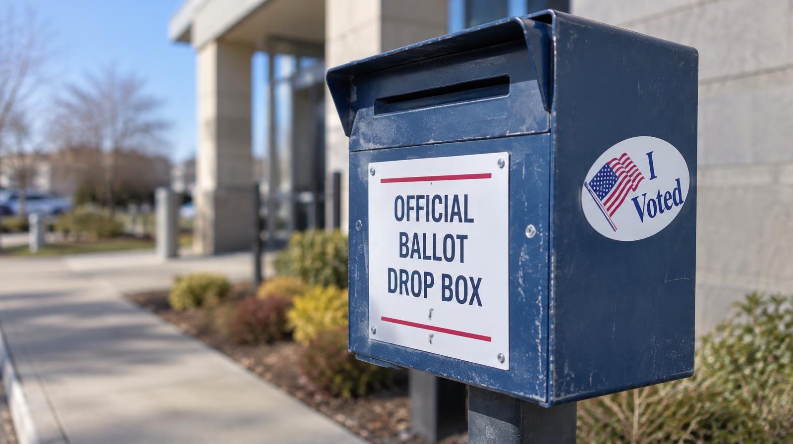 An official ballot drop box mounted on a post outside a public building.