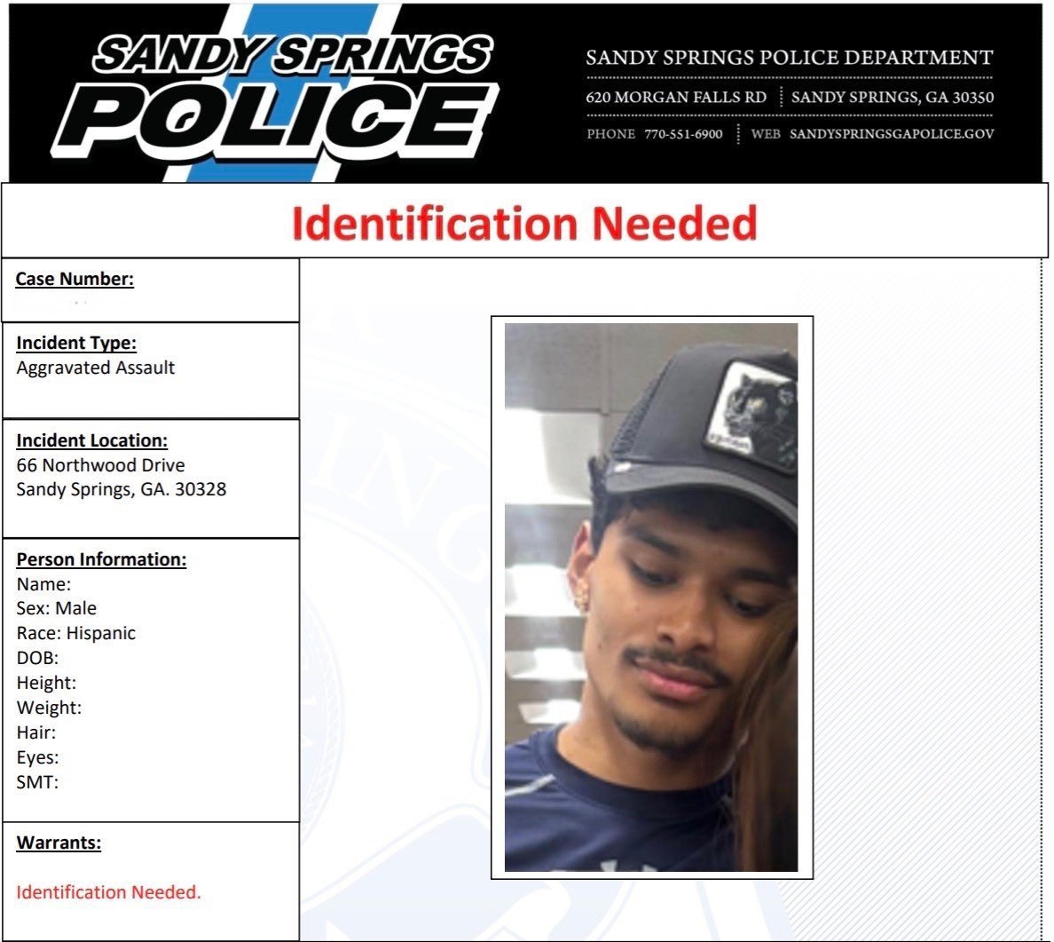 Police identification flyer showing a man in a dark cap described as a Hispanic male suspect.
