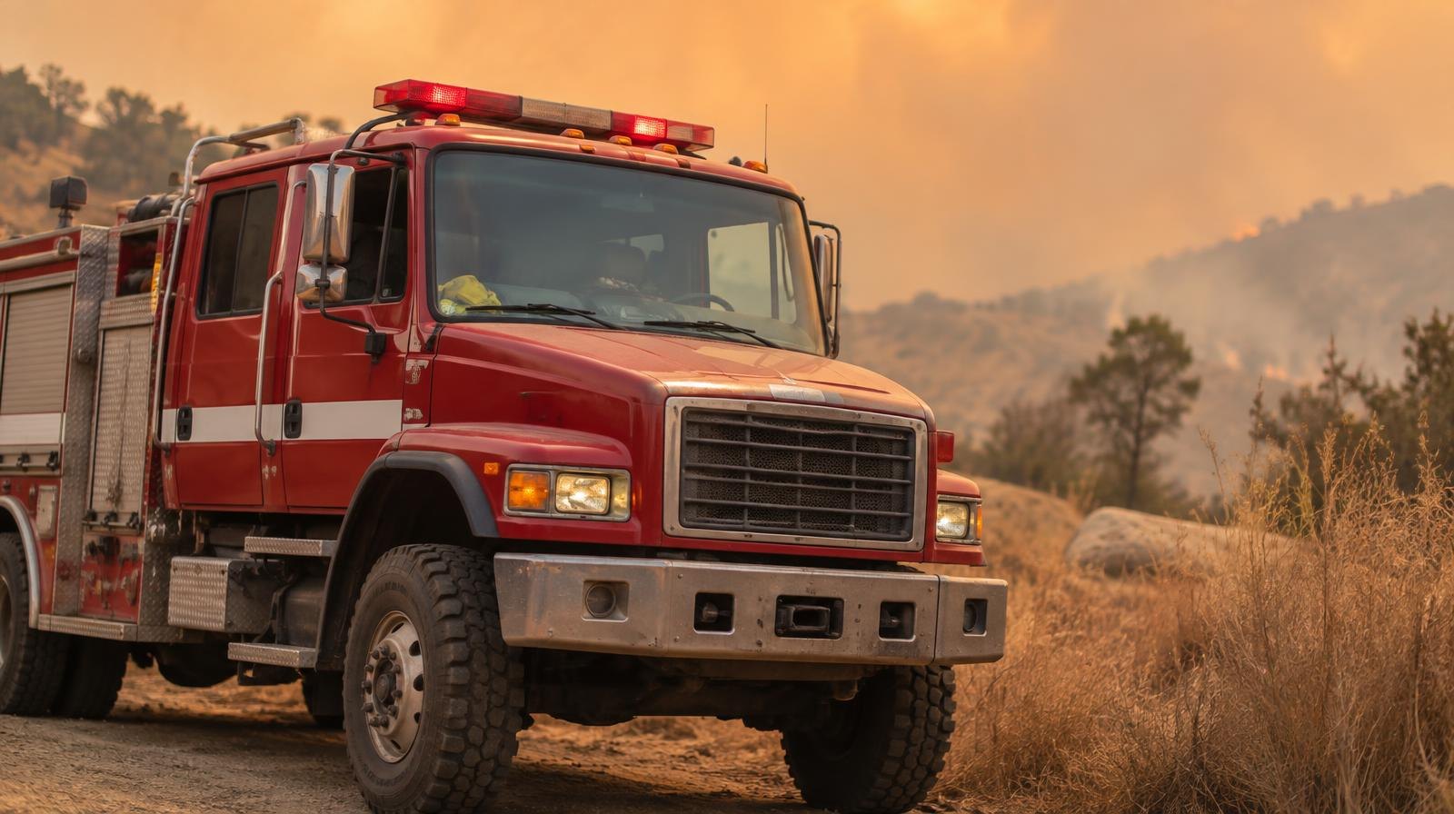 A red fire engine parked on a dry hillside road surrounded by dry golden brush.
