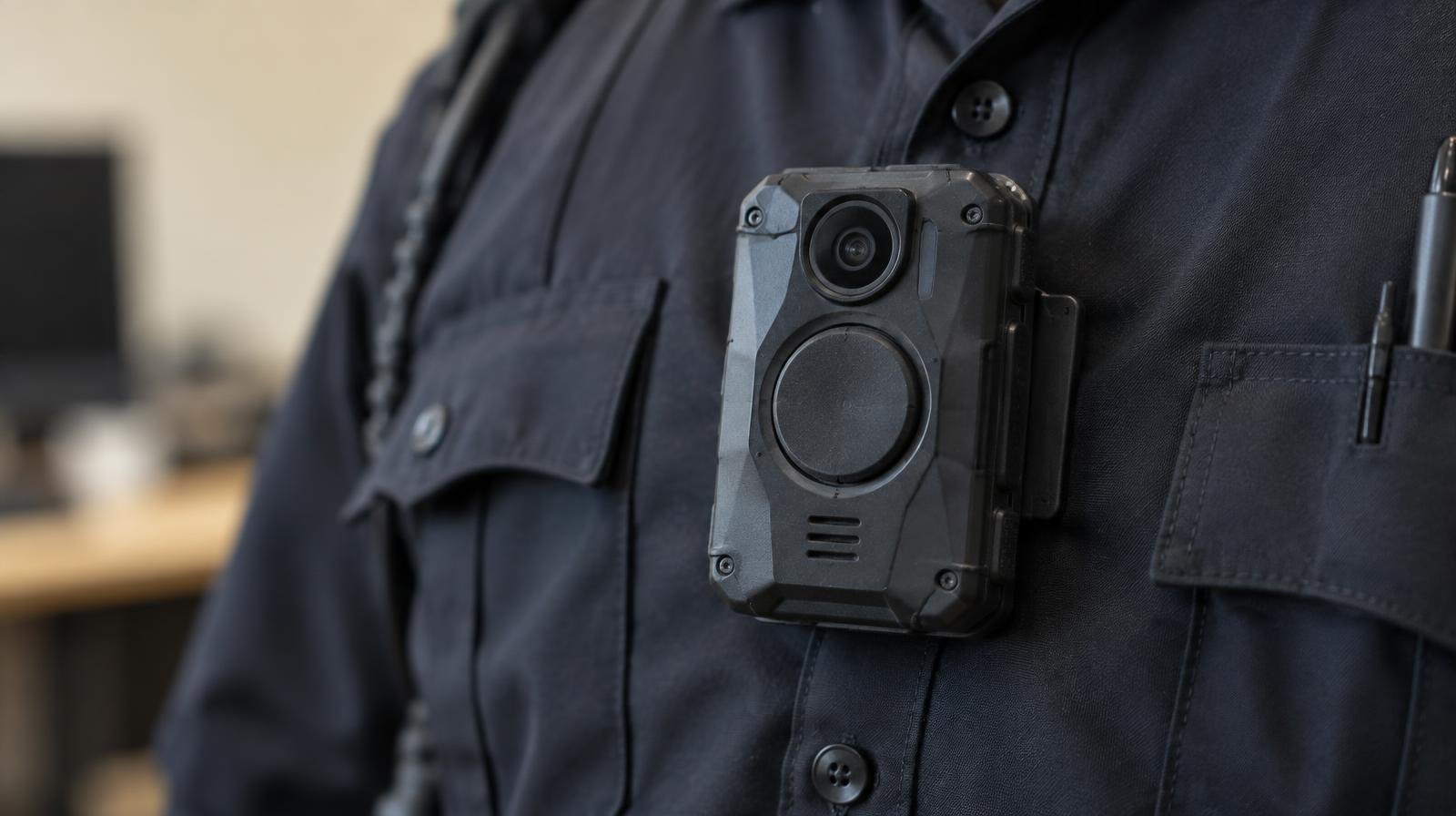 A body camera clipped to the front of a dark uniform shirt.