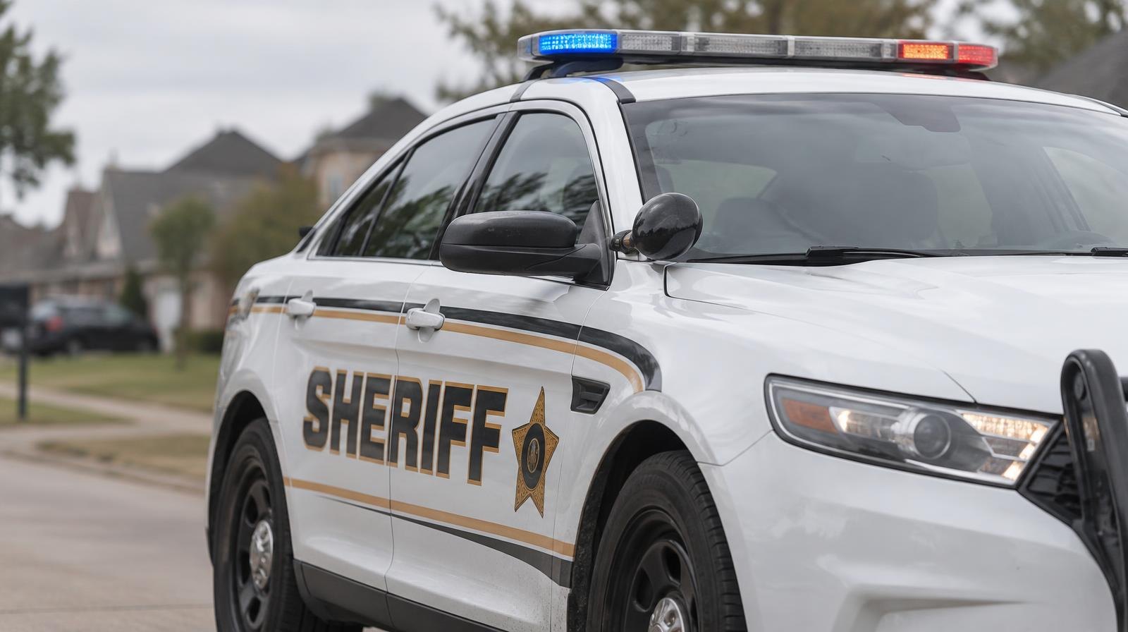 A sheriff's patrol car with roof light bar parked on a suburban street.