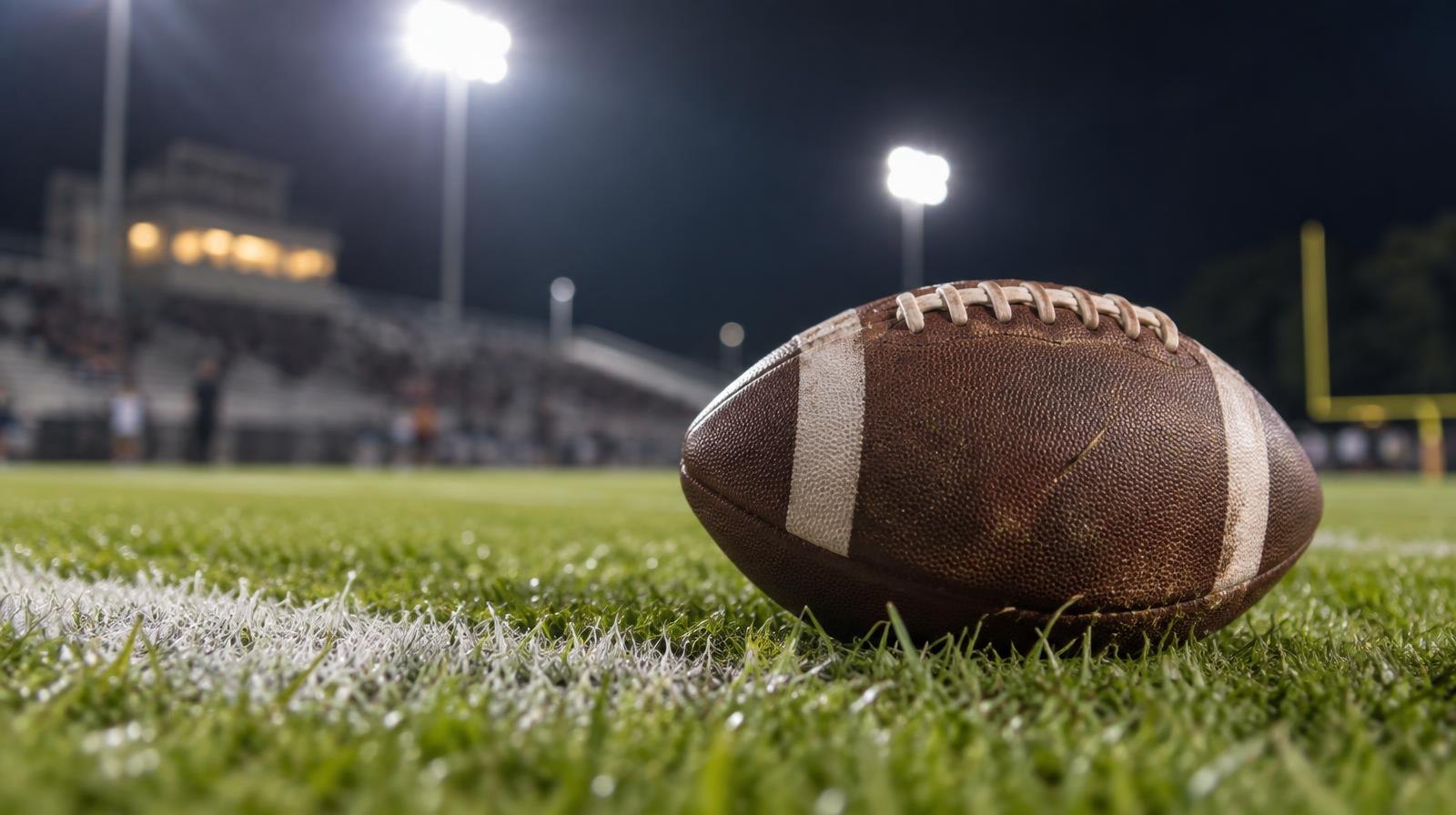 An American football on green grass near a white yard line under bright stadium lights.