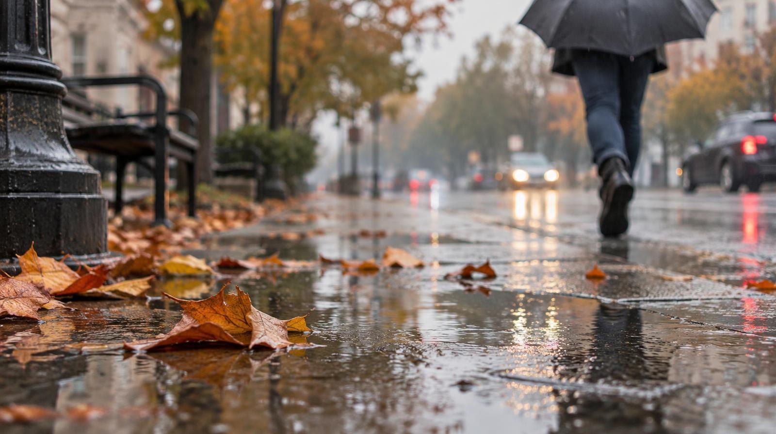 Wet street with puddles and fallen autumn leaves under an overcast sky.